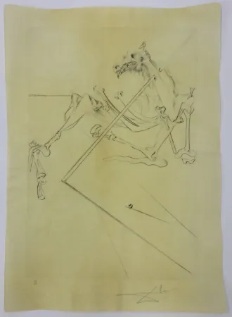 Kaltnadelradierung Dali - L soler conchant allonge le squelette noir d'un grand cheval tres grand... la tête est soutien par le fer dune lance