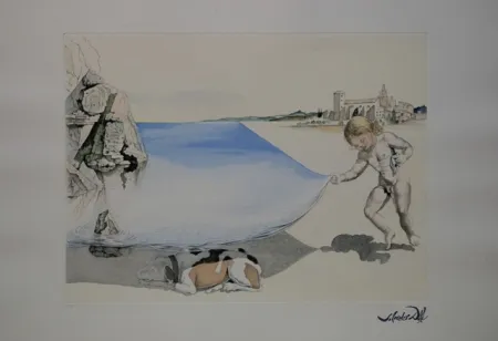 Radierung Dali - Moi-meme à l'age de six ans, soulevant avec une extreme précaution la peau de la mer pour observer un chien dormant à l'ombre de l'eau