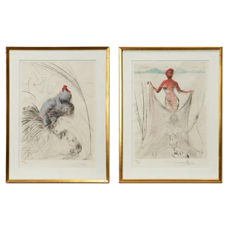 Kaltnadelradierung Dali - Salvador Dalí (1904–1989) - “Femme a la Chaussure” and “La Femme tentant un voile” from the suite “Venus aux fourrures” - Hand watercolored drypoint etching on Japanese paper - 1969