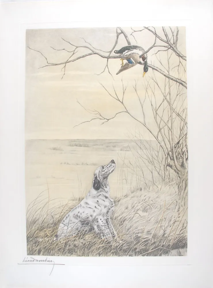 Stich Danchin - Setter et Canard branche - English Setter and Duck in a tree (Original)