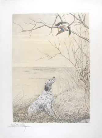 Stich Danchin - Setter et Canard branche - English Setter and Duck in a tree (Original)