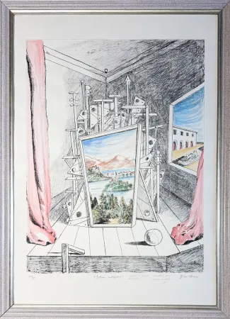 Keine Technische De Chirico - Giorgio De Chirico (1888–1978) - Interno Metafisico - Watercolour on lithographic base, retouched in pencil and hand-coloured by the artist - 1969