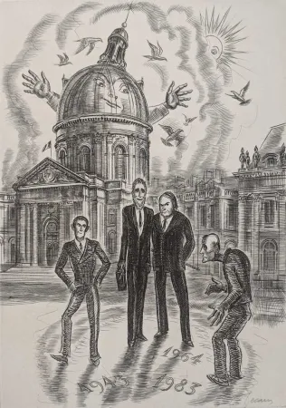 Radierung Decaris - Devant l'Académie Française