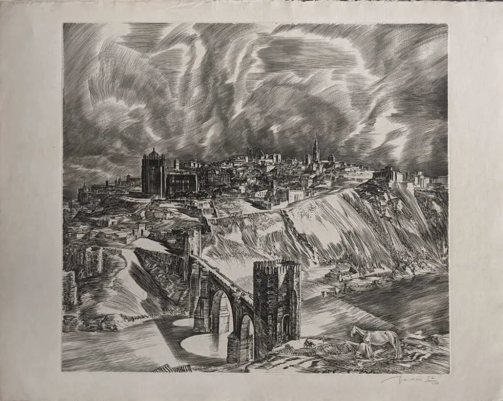 Radierung Decaris - Toledo (Puente San Martín en largeur de loin)