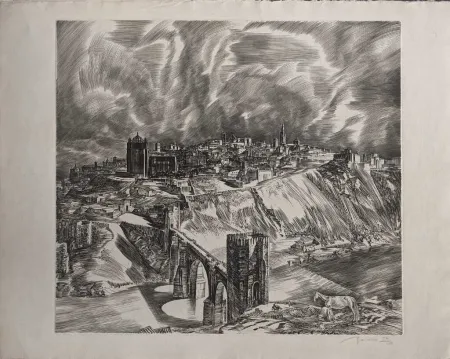 Radierung Decaris - Toledo (Puente San Martín en largeur de loin)