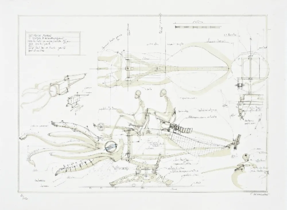 Lithographie Delarozière - Le calamar a retropropulsion