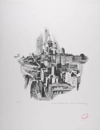 Lithographie Delaunay - La Butte Montmartre et le Sacré-Coeur, 1969