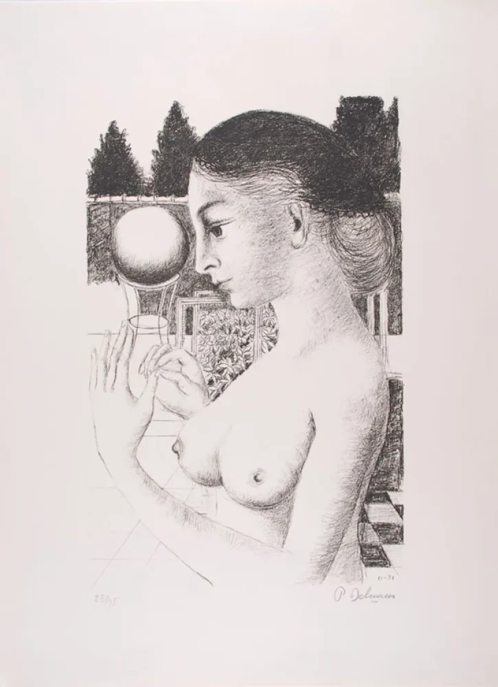 Lithographie Delvaux - La Femme à la Boule