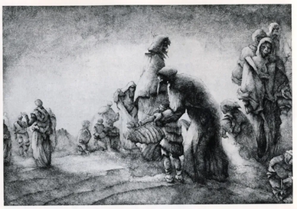 Stich Desmazières - Un Maman apprenant a son fils a voler