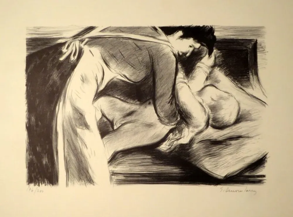 Lithographie Dessouslavy - Eine Mutter bettet ihr Kind