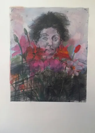 Stich Dine - NANCY OUTSIDE IN JULY FLOWERS OF THE HOLY LAND (1979 )  GRAVURE SIGNEE ET JUSTIFIEE  AVEC REHAUTS DE COULEURS  EPREUVE UNIQUE sur arches creme  FORMAT 90 X  63 CM ENVIRON  RARE  CATALOGUE RAISONNE D OENCH & FEINBERG 61 P 89 
