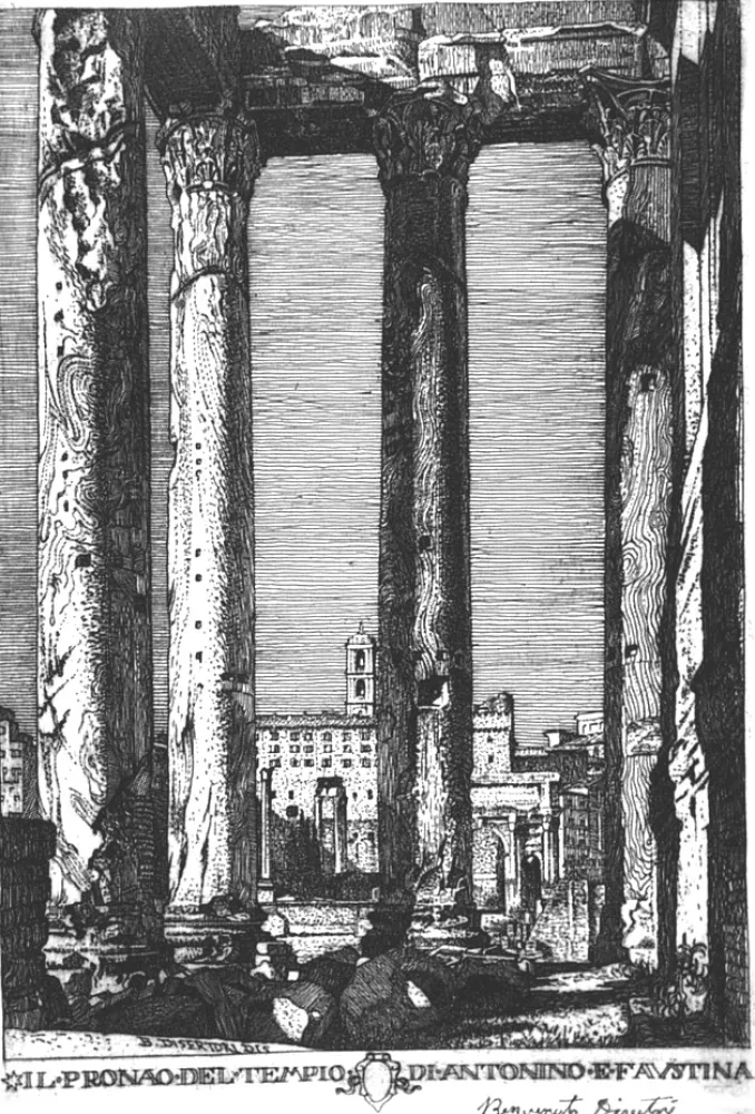 Radierung Disertori - Il pronao del tempio di Antonino e Faustina
