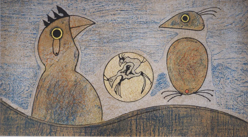 Lithographie Ernst - Rêve surréaliste : les coqs