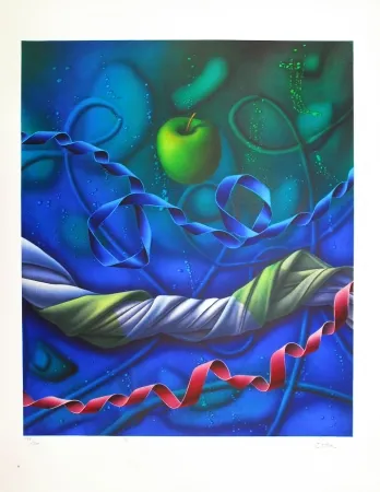 Lithographie Etien' - Pomme dans l'espace / Apple in Space