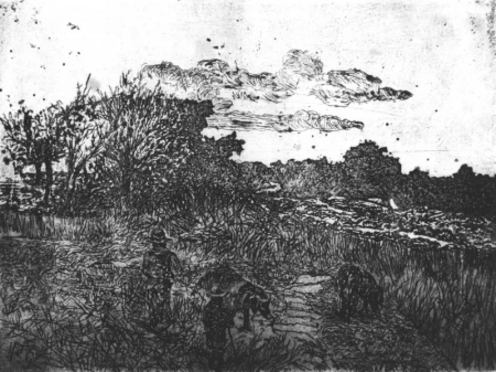 Radierung Fattori - Paese al tramonto (con guardiani di porci)