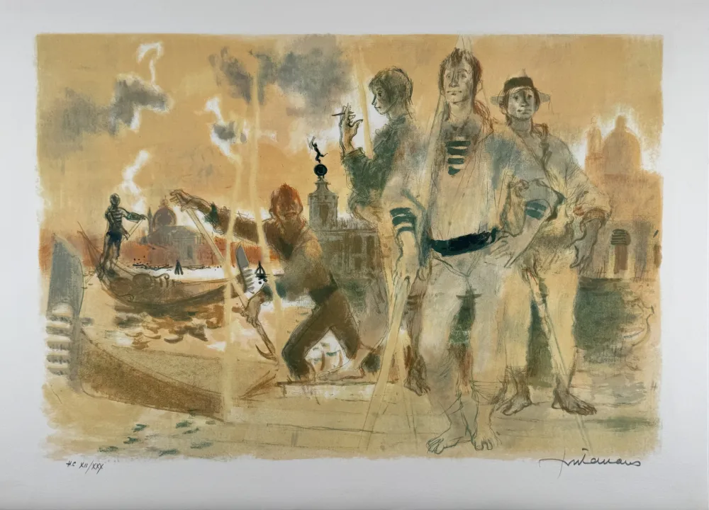 Lithographie Fontanarosa - Gondoliers à Venise