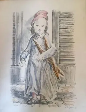 Lithographie Foujita -  ''Fillette aux baguettes de pains'' ou ''Le matin'' circa 1956