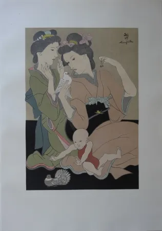 Holzschnitt Foujita - Geishas à la colombe