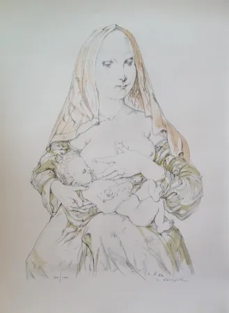 Lithographie Foujita - MATERNITE AU VOILE ROUGE  (1964)