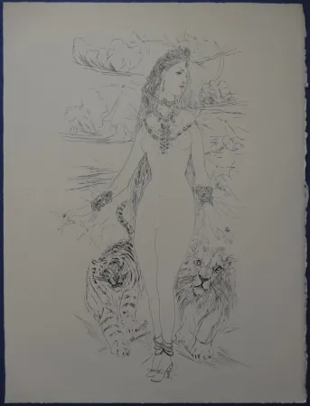 Radierung Foujita - Rivière enchantée - Femme aux félins