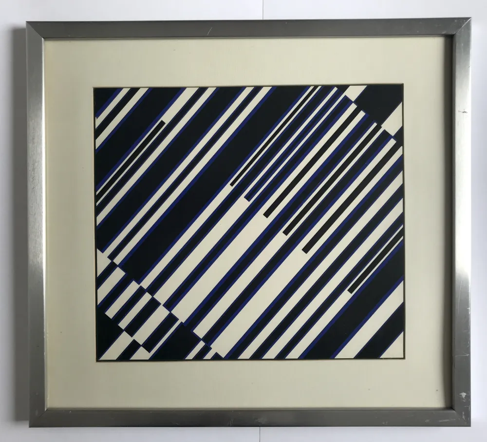 Siebdruck Fruhtrunk - Sans titre (Progression à rayures en noir, blanc, bleu)