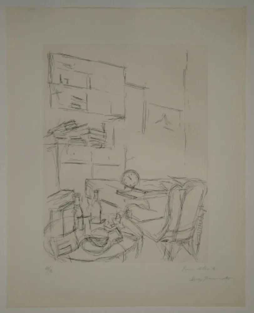 Radierung Giacometti - Le Réveil dans la chambre rue Hippolyte Maindron / Le Réveille-matin (The Alarm Clock). 