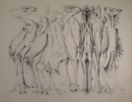 Lithographie Grass - Zwischen den Vögeln