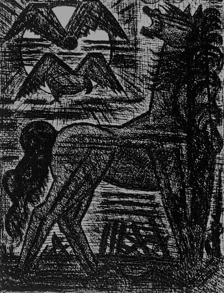 Radierung Gromaire - Présage, cheval noir, et oiseaux de nuit