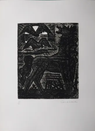 Radierung Gromaire - Présages, cheval noir et oiseaux de nuit, 1958