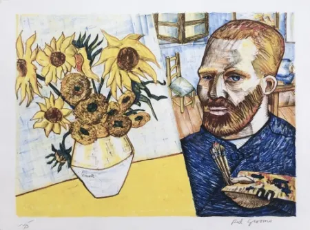 Lithographie Grooms - Van Gogh with Sunflowers