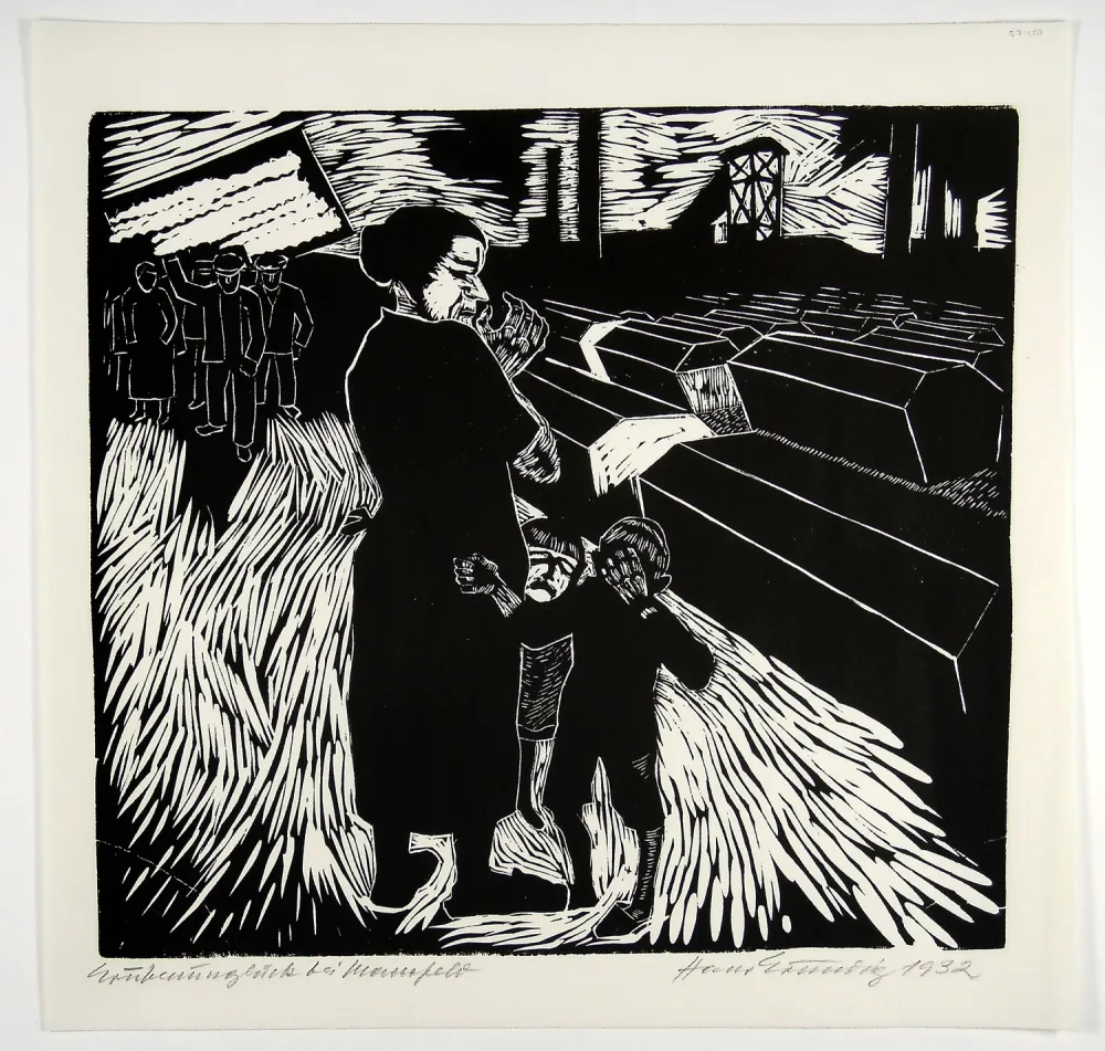 Holzschnitt Grundig - Grubenunglück bei Mansfeld (Mining accident near Mansfeld)