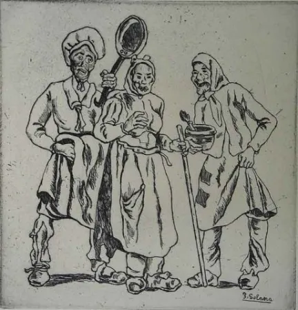 Radierung Gutiérrez Solana  - Máscaras  de los cocineros