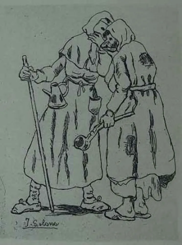 Radierung Gutiérrez Solana  - Máscaras hablándose al oido