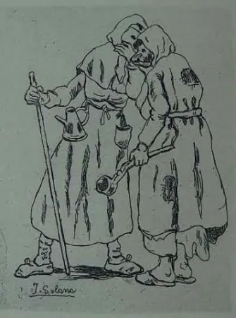 Radierung Gutiérrez Solana  - Máscaras hablándose al oido