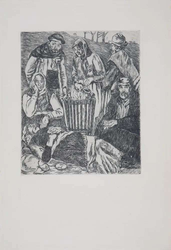 Radierung Gutiérrez Solana  - Mendigos calentándose