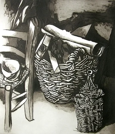 Radierung Und Aquatinta Guttuso - Natura morta con sedia, cestino e fiasco