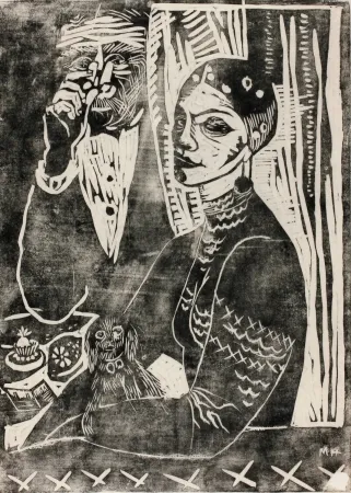 Holzschnitt Hamerschlag - In der Loge - Selbstporträt (At the Loge - Selfportrait)