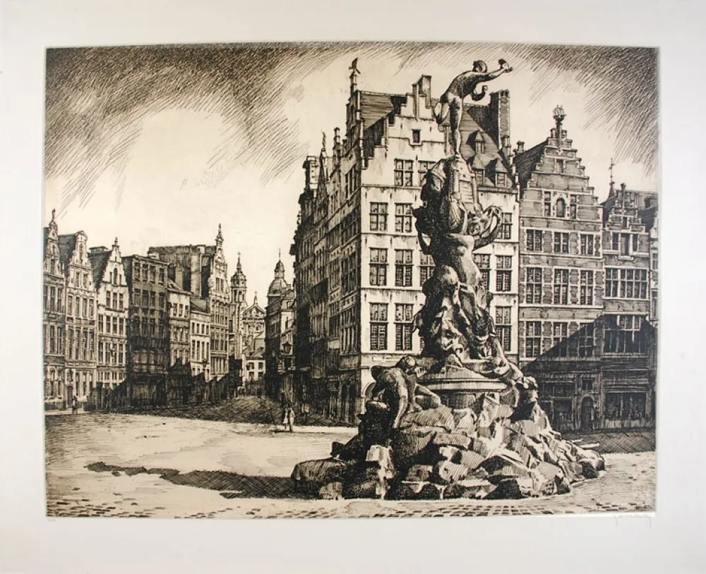 Radierung Hebbelinck - Antwerpen - Grote Markt