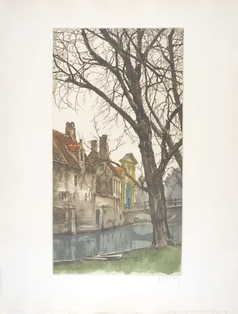 Radierung Hebbelinck - Bruges : Les grands arbres du Béguinage.
