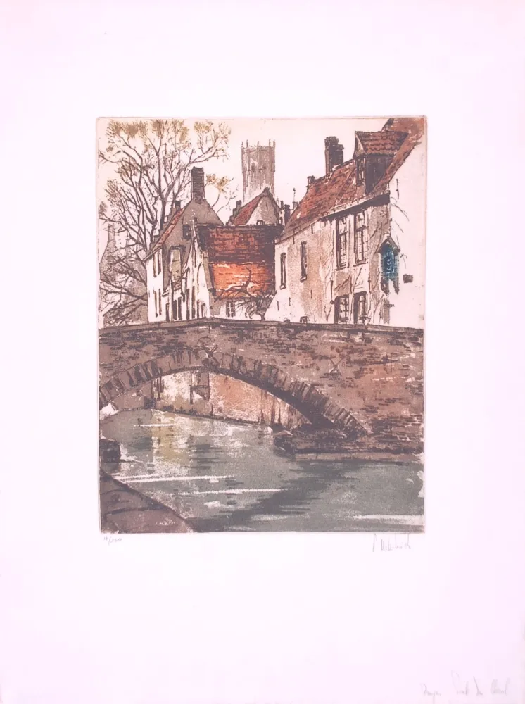 Radierung Hebbelinck - Bruges : Pont du cheval