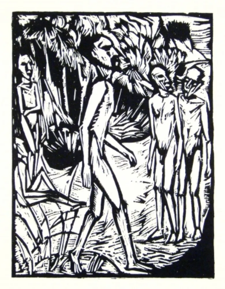 Holzschnitt Heckel - Männer am Strand (Men at the beach)