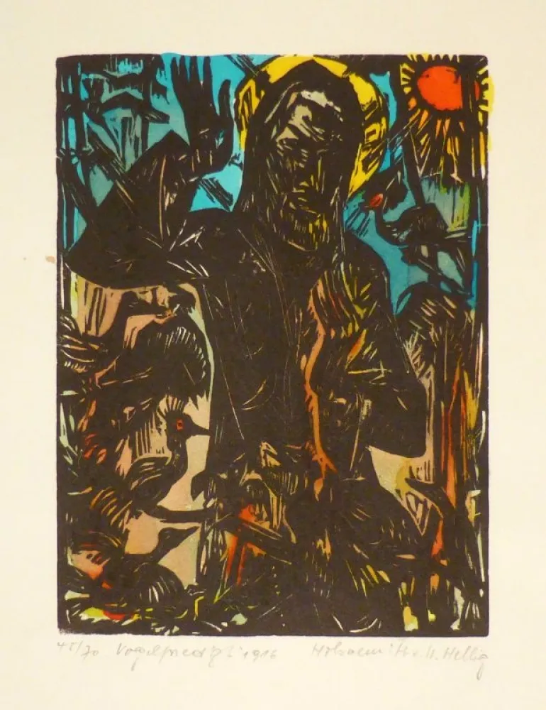 Holzschnitt Helbig - Vogelpredigt. 