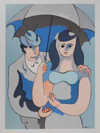 Lithographie Helion - Couple sous un parapluie