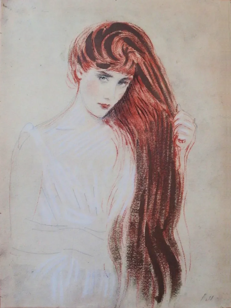 Lithographie Helleu - Femme rousse (la chevelure dorée)