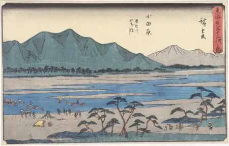 Holzschnitt Hiroshige - Odawara : le traversée de la rivière Sakawa