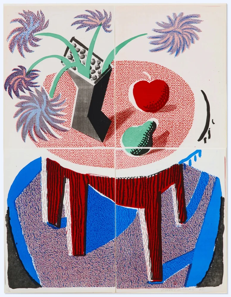 Keine Technische Hockney -  Flowers, Apple and Pear on a Table