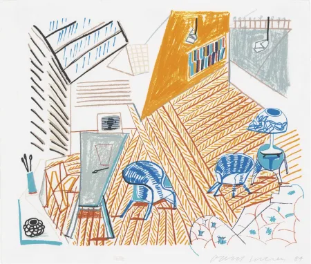 Lithographie Hockney - Pembroke Studio with Blue Chairs and Lamp from The Moving Focus Series
