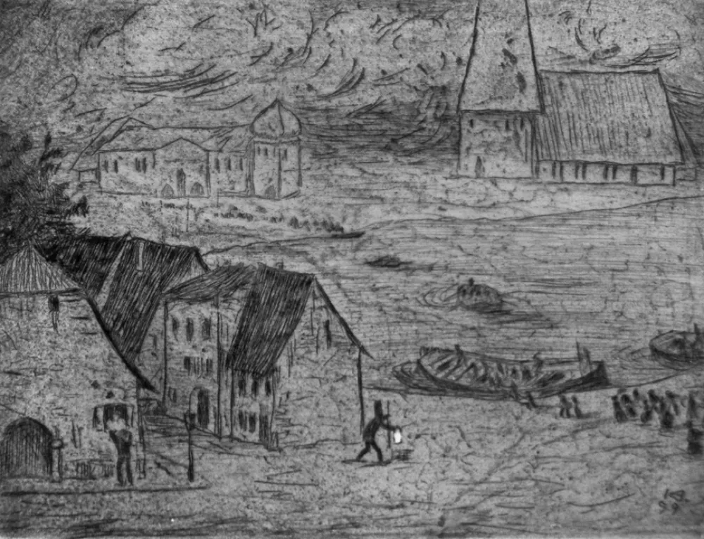 Radierung Hofer - Nachtiche Überfährt