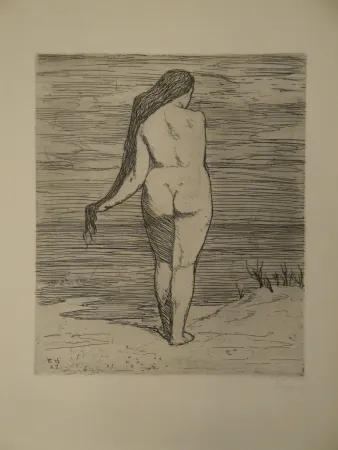 Radierung Hofer - Stehendes Weib am Meer