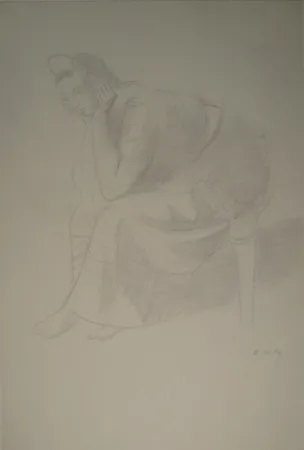 Monotypie Holy - Sitzende junge Frau, den Kopf auf die Unterarme mit den Händen gestützt.